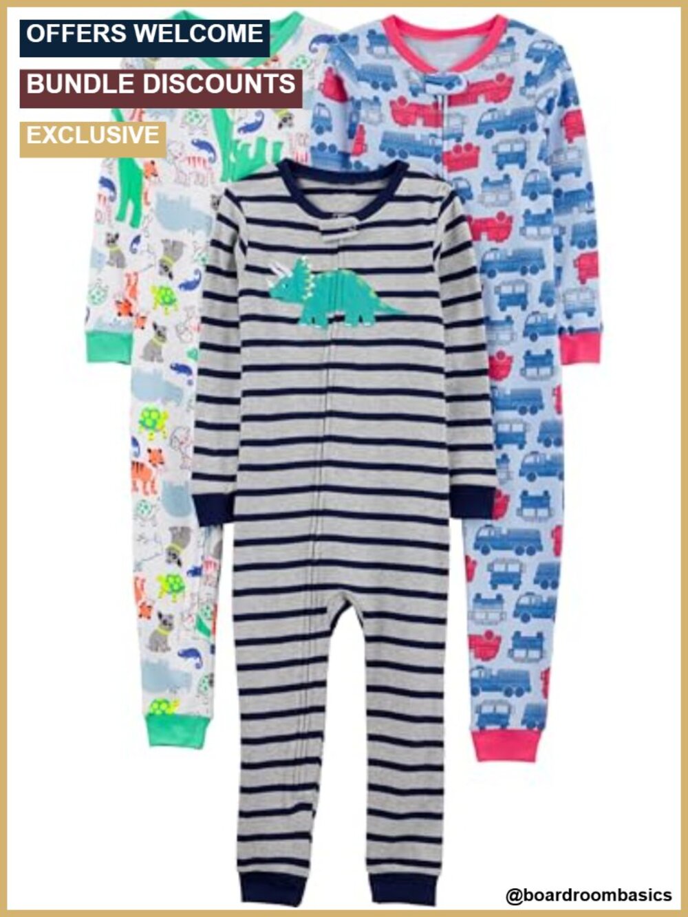 3 Pack Snug Fit Footless Cotton Pajamas Full Zip Boys Toddler Sleepwear